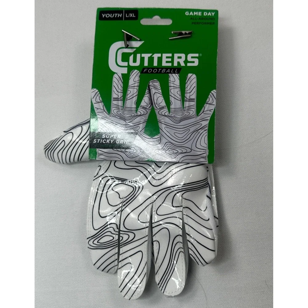 Cutters Youth XL Game Day Football Receiver Gloves White Speed Grip S150-03-TOPO